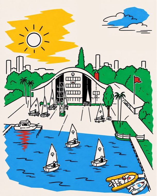Arte oficial: Optimists velejando diante do hangar do YCSA, com sol, árvores e a cidade ao fundo